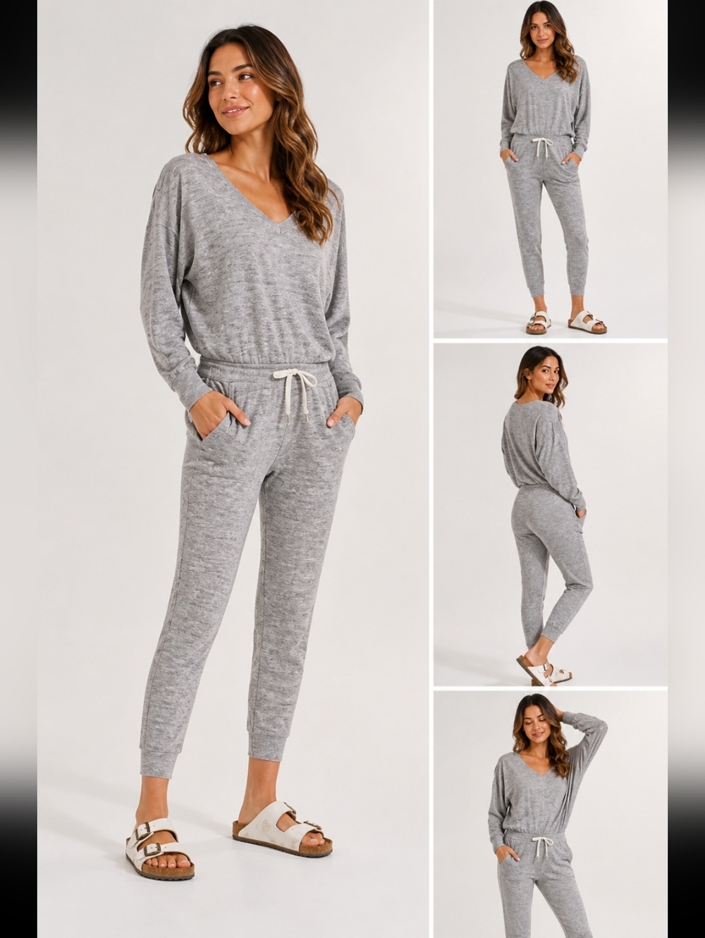 Vuori Heather Gray V‑Neck  Jumpsuit with Drawstring Waist